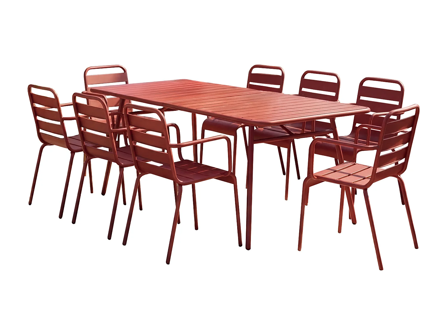 Salle à manger de jardin en métal - une table L.160 cm et 8 fauteuils empilables - Rouge - MIRMANDE de MYLIA