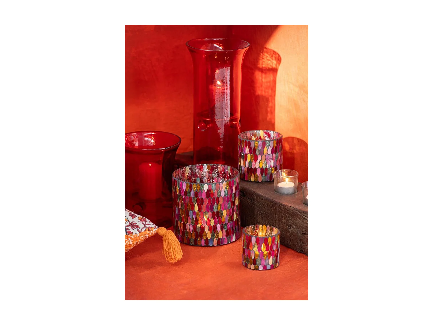 Lot de 3 Photophores en Verre "Mexican" 30cm Rouge