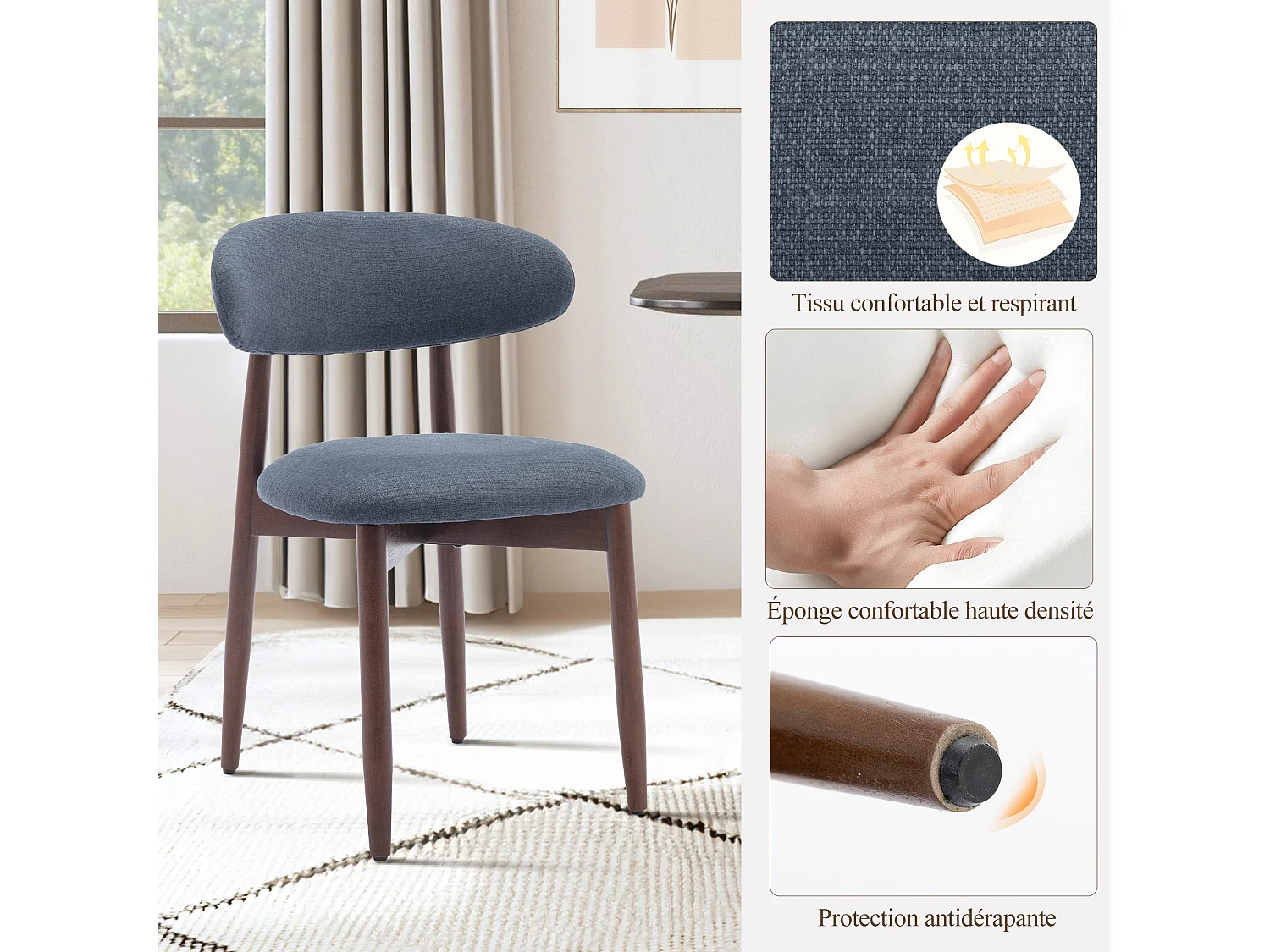 Lot de 2 chaises de salle à manger blue SMARTUE – Pieds en bois massif, dossier incurvé, assise en tissu