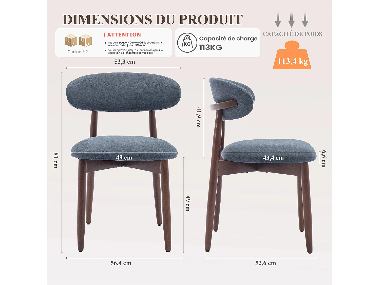 Lot de 2 chaises de salle à manger blue SMARTUE – Pieds en bois massif, dossier incurvé, assise en tissu