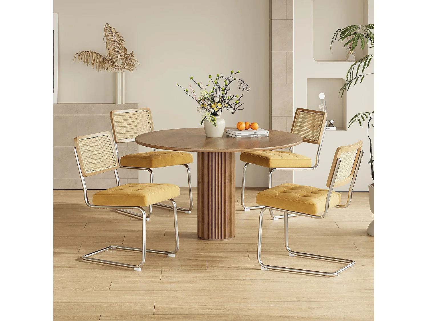 Lot de 2 Chaises de Salle à Manger Cantilever Style Mid-Century – Jaune, Velours, Cannage et Structure Chromée