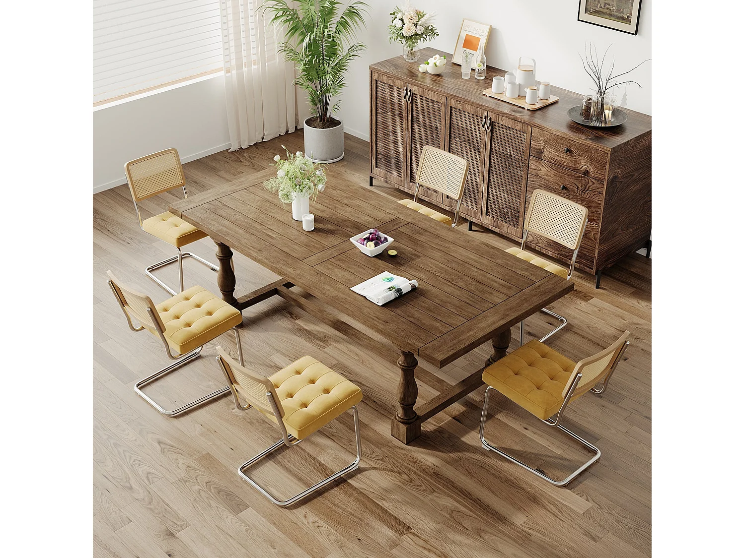 Lot de 2 Chaises de Salle à Manger Cantilever Style Mid-Century – Jaune, Velours, Cannage et Structure Chromée