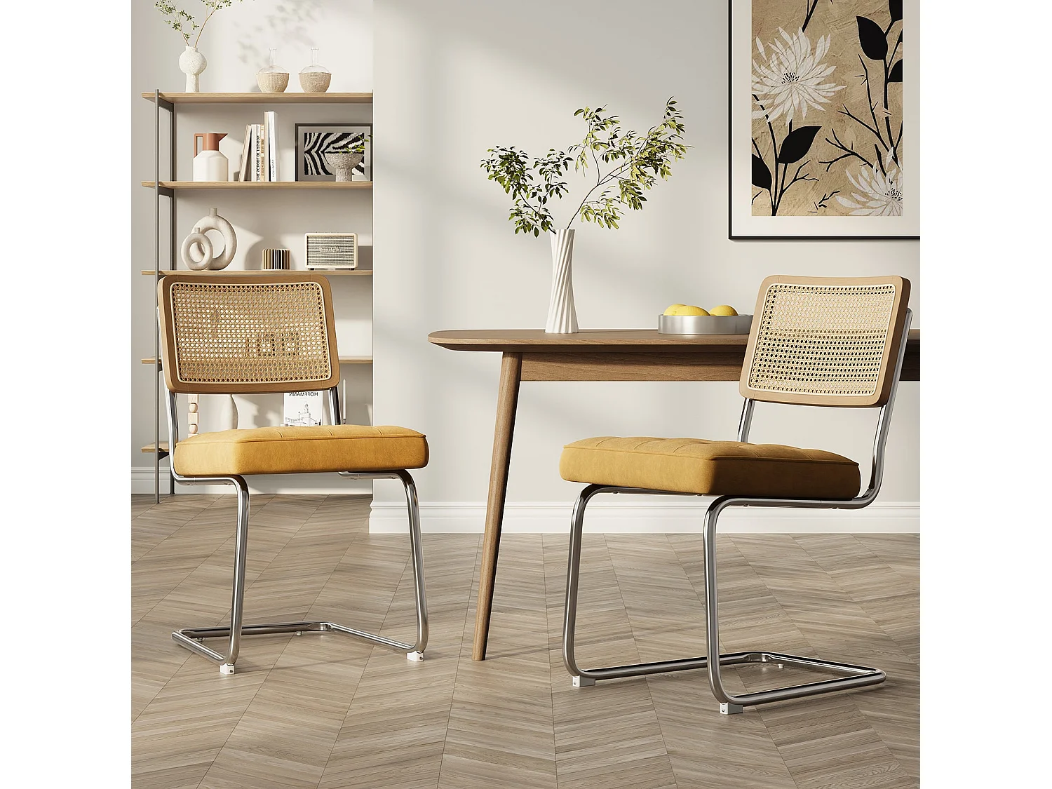 Lot de 2 Chaises de Salle à Manger Cantilever Style Mid-Century – Jaune, Velours, Cannage et Structure Chromée