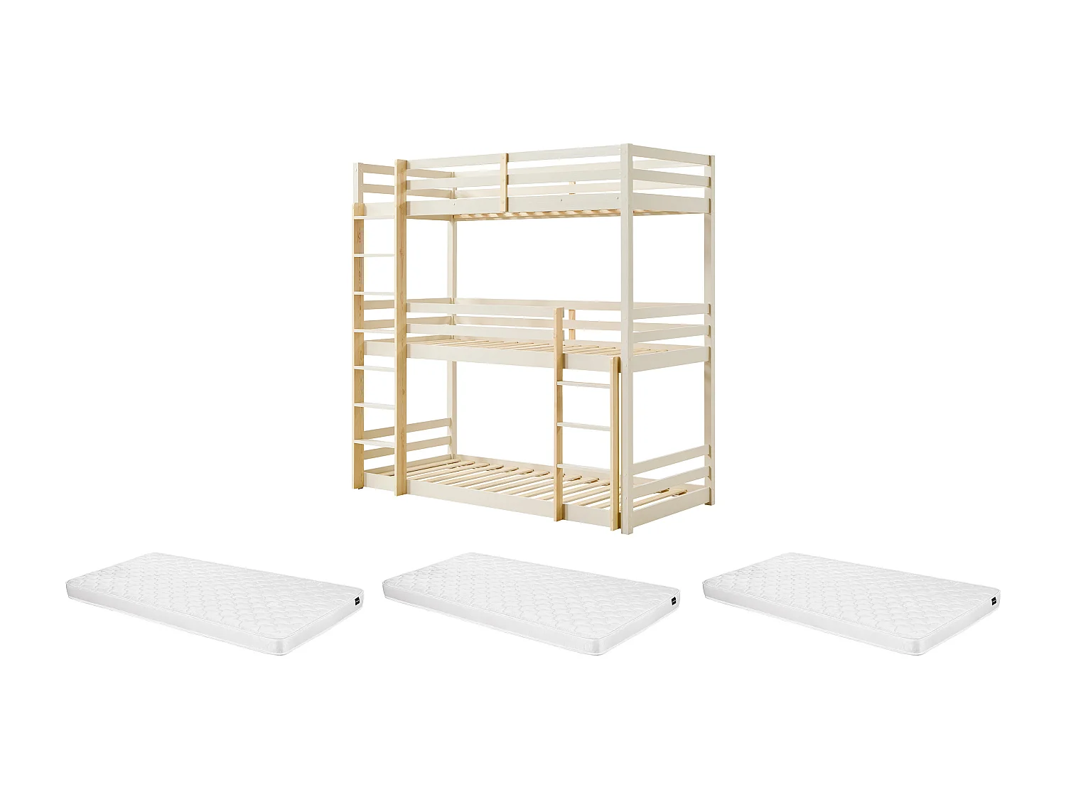 Lits superposés triple - 3 x 90 x 200 cm - Pin – Beige et naturel + matelas - VAGAR