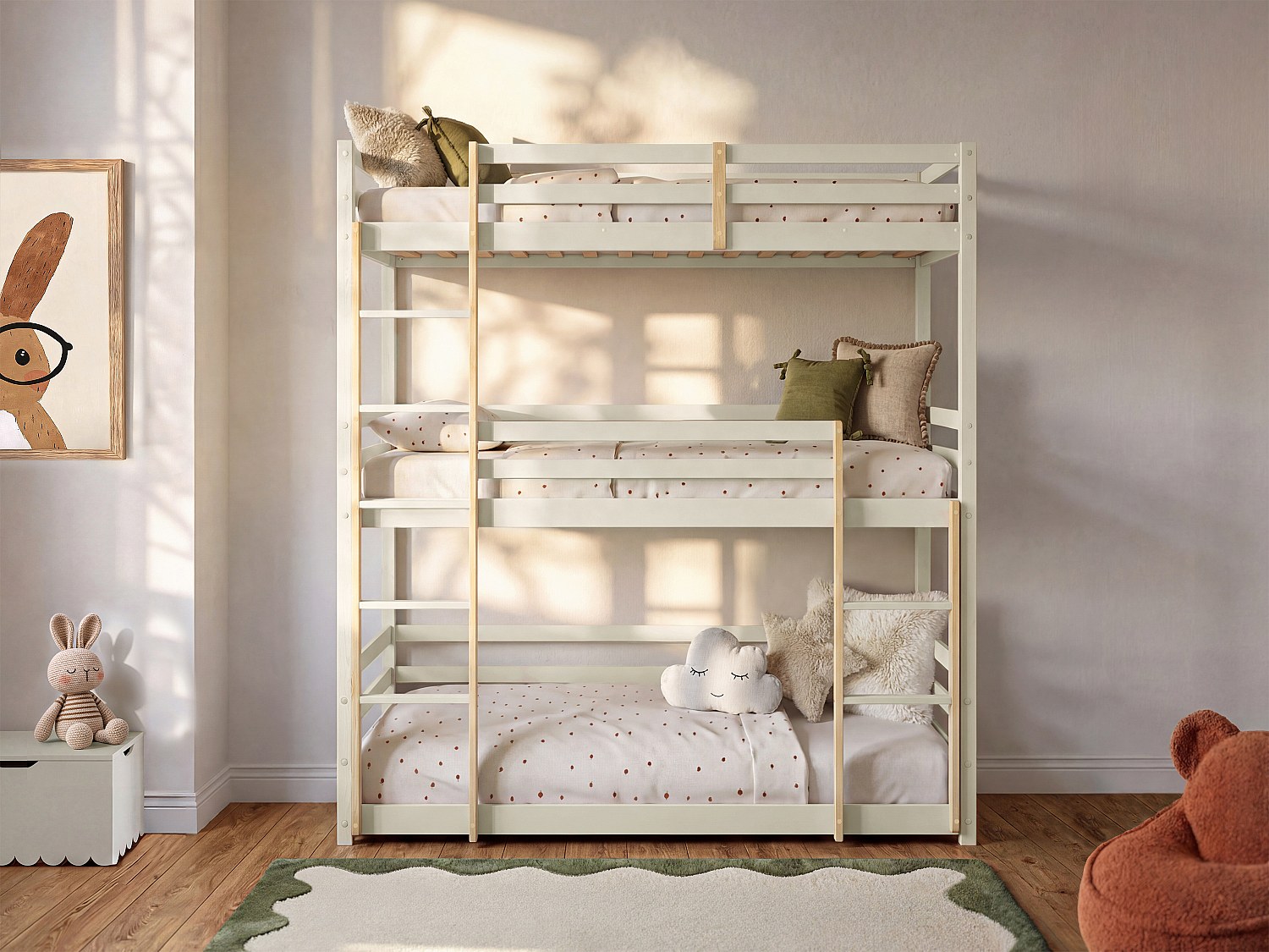 Etagenbett für 3 Personen - 3 x 90 x 200 cm - Kiefernholz - Beige und Natur - Mit Matratzen - VAGAR