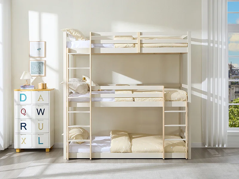 Lits superposés triple - 3 x 90 x 200 cm - Pin – Beige et naturel + matelas - VAGAR