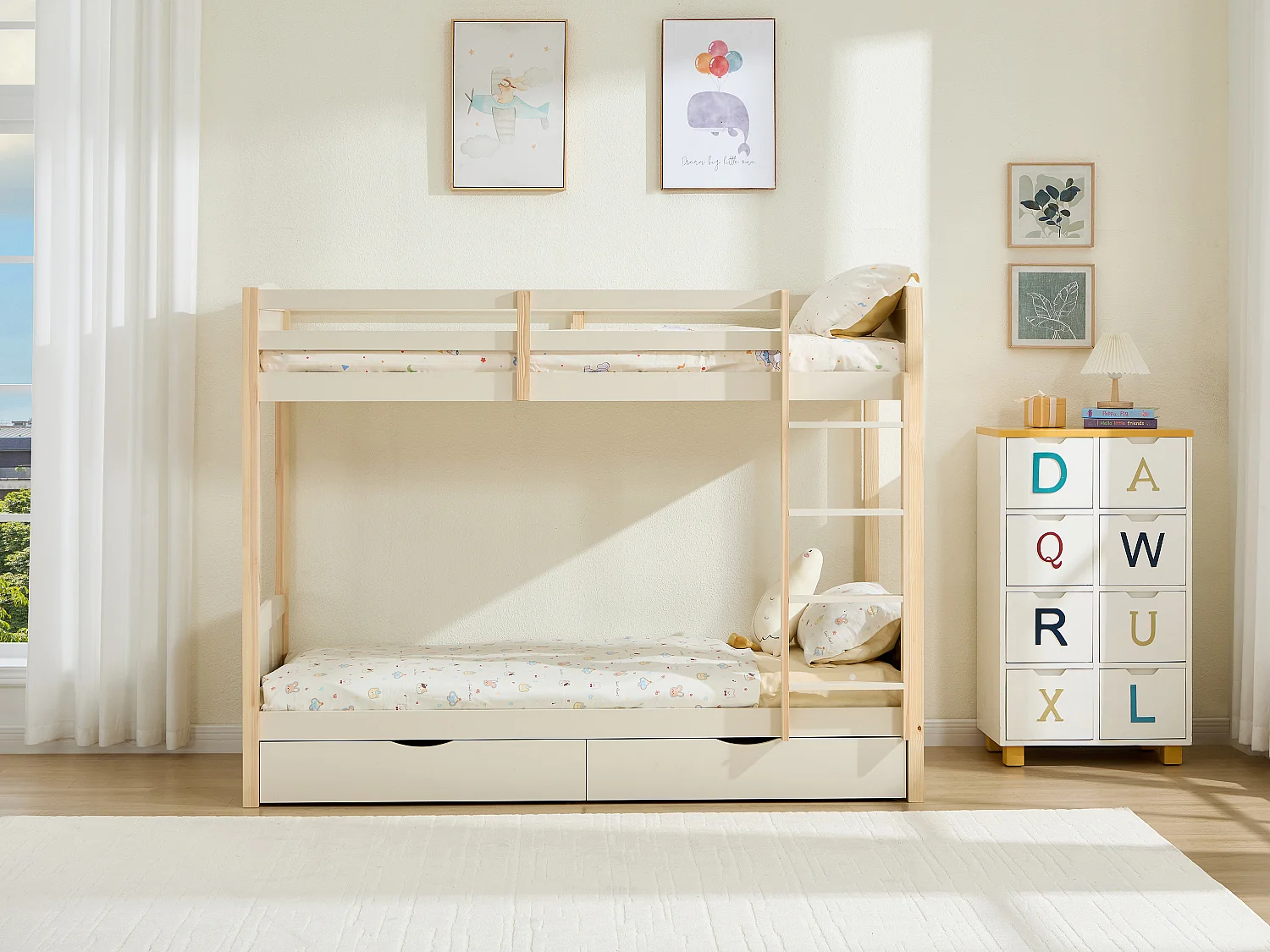 Lits superposés 2 x 90 x 200 cm - 2 tiroirs - Pin et MDF – Beige et naturel + Matelas - LIMODARA