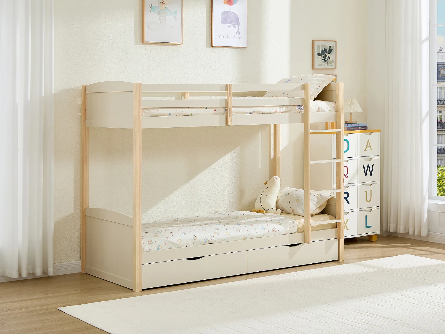 Lits superposés 2 x 90 x 200 cm - 2 tiroirs - Pin et MDF – Beige et naturel + Matelas - LIMODARA