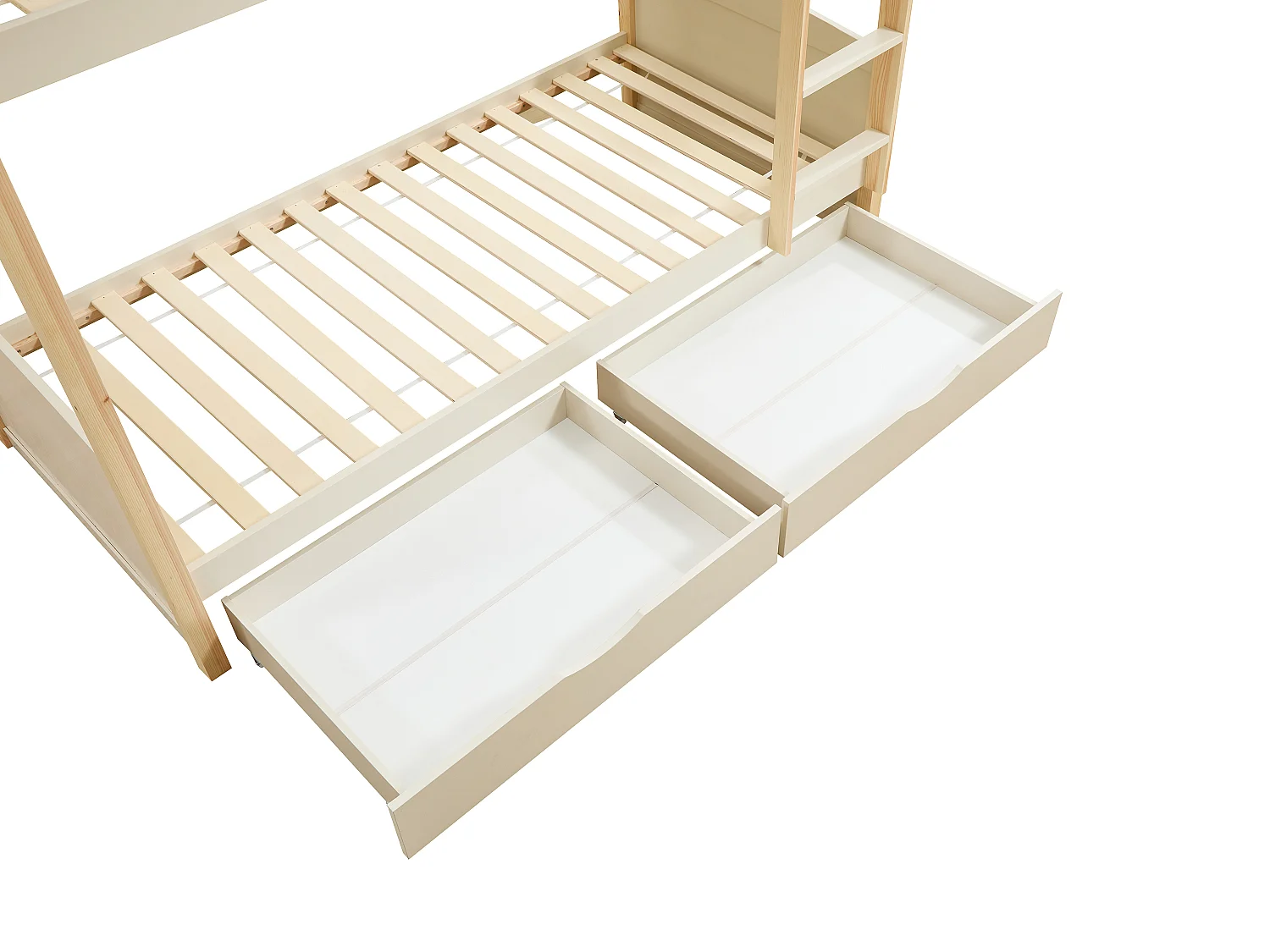 Lits superposés 2 x 90 x 200 cm - 2 tiroirs - Pin et MDF – Beige et naturel + Matelas - LIMODARA