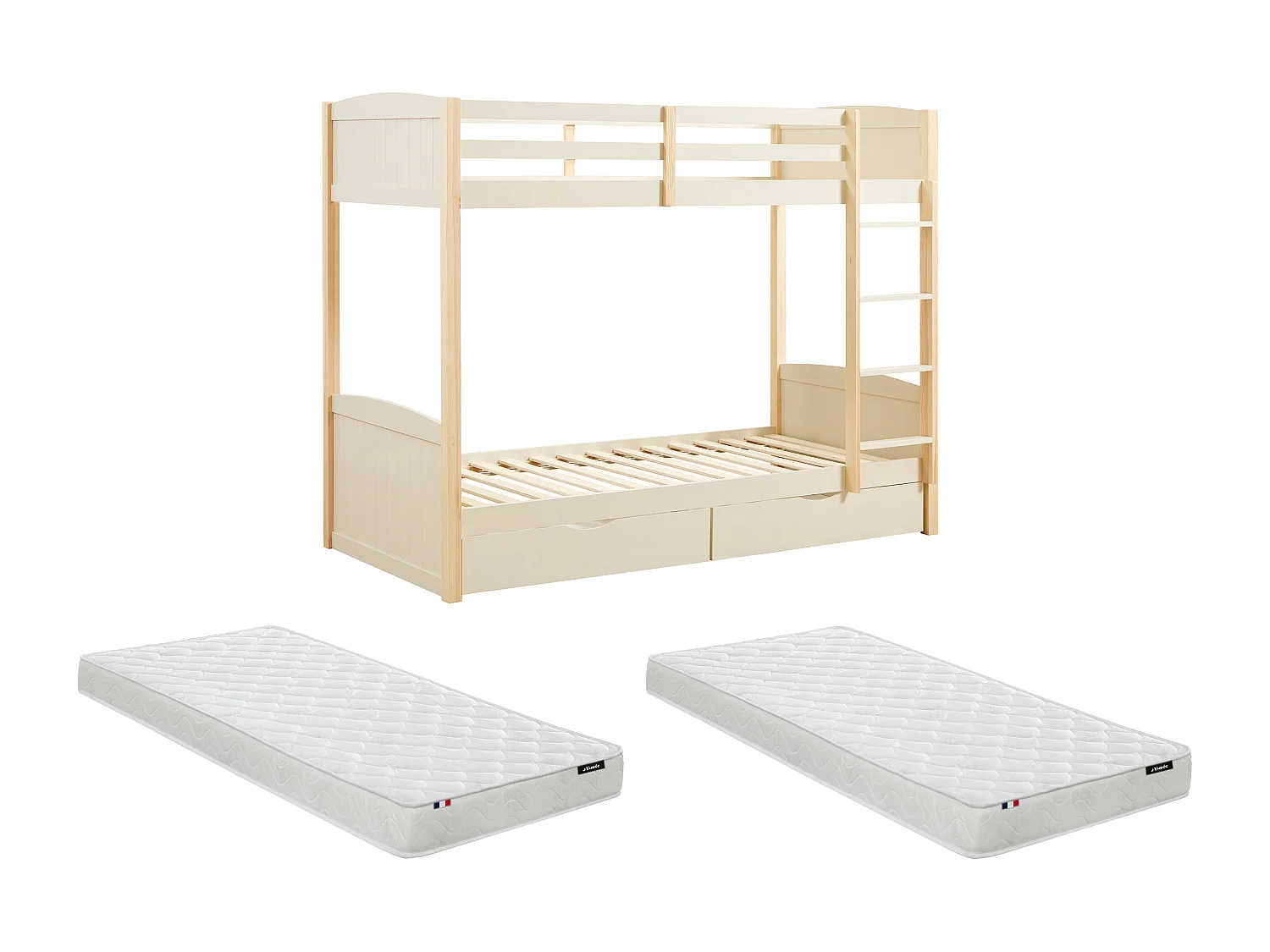 Lits superposés 2 x 90 x 200 cm - 2 tiroirs - Pin et MDF – Beige et naturel + Matelas - LIMODARA