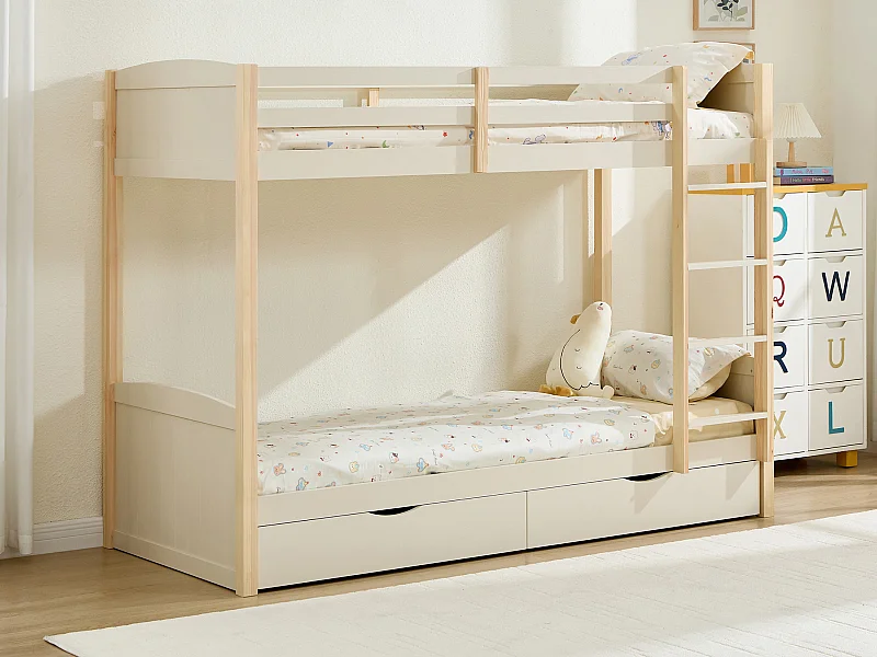 Lits superposés 2 x 90 x 200 cm - 2 tiroirs - Pin et MDF – Beige et naturel + Matelas - LIMODARA