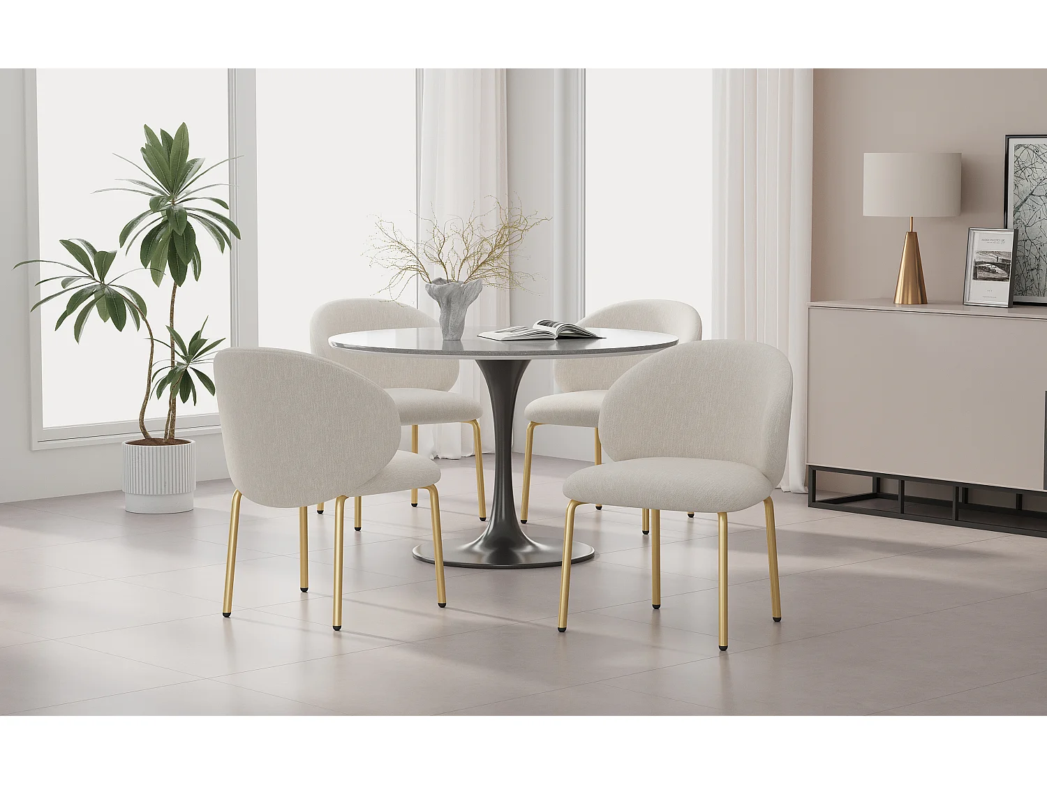 Juego de 4 sillas de comedor de chenilla beige - Patas de metal dorado