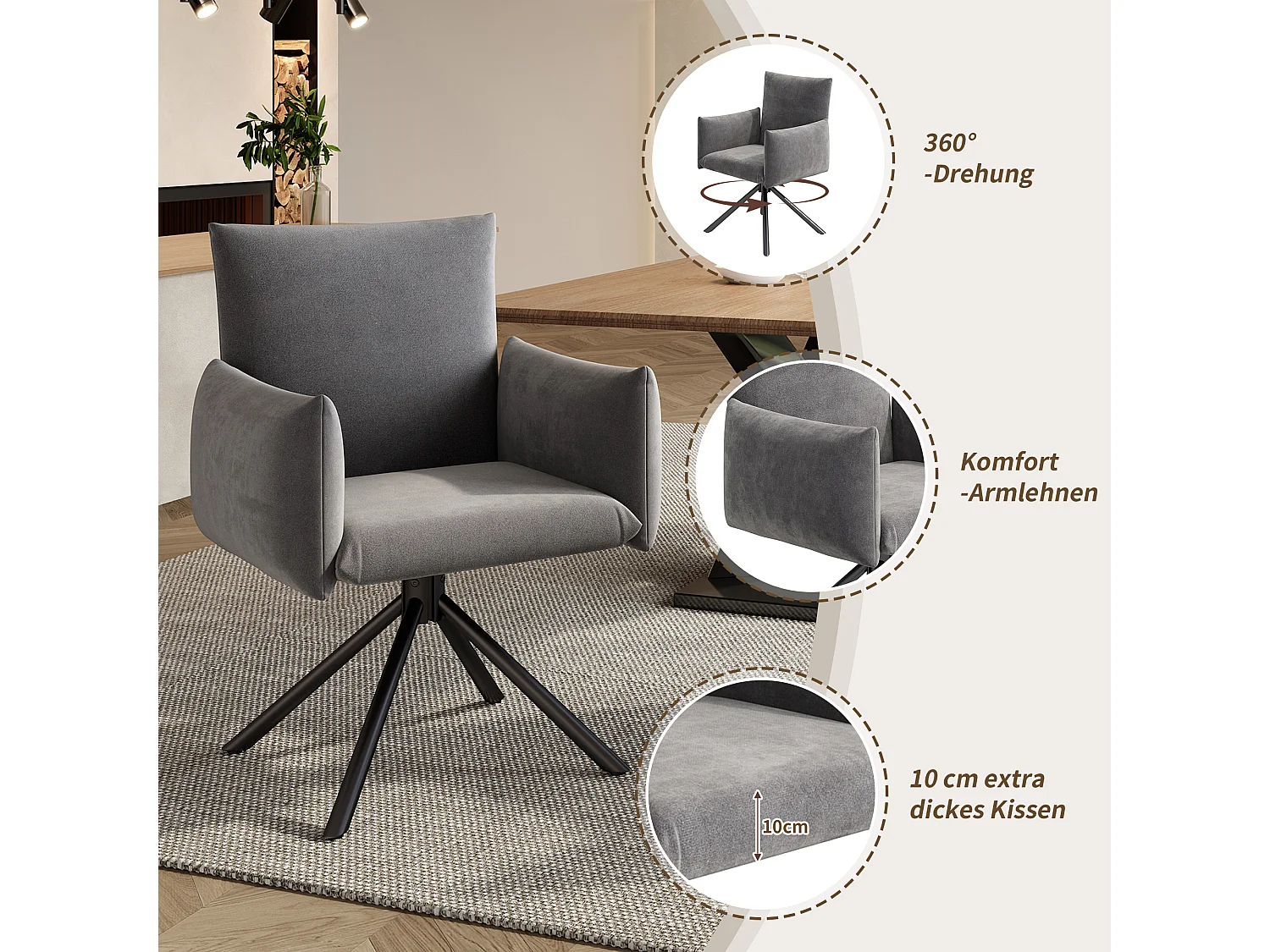 Set van 6 draaibare stoelen in grijs fluweel - Metalen poten - Voor woonkamer, slaapkamer, kantoor