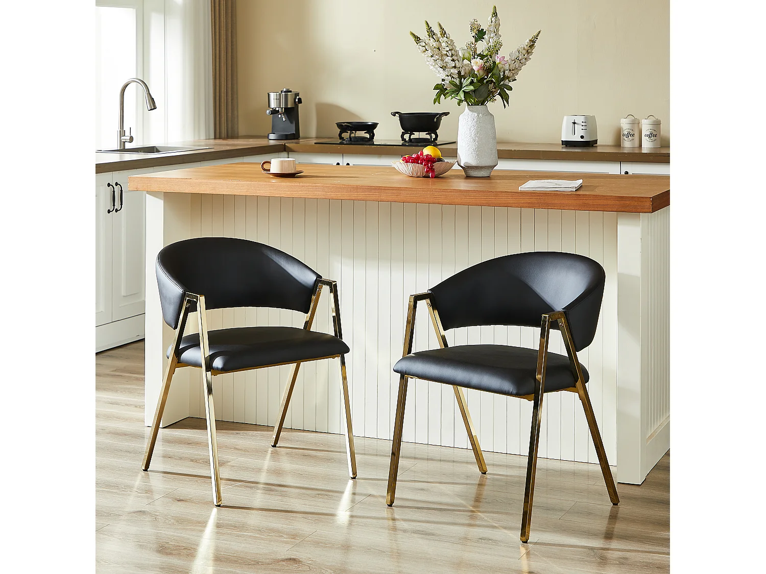 Set van 2 zwarte PU-eetkamerstoelen met goudkleurig metalen frame