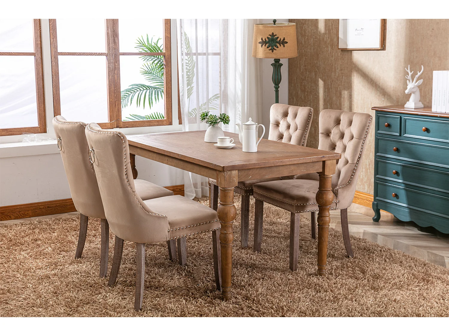 Set van 2 kaki fluwelen stoelen - Houten poten en siernagels