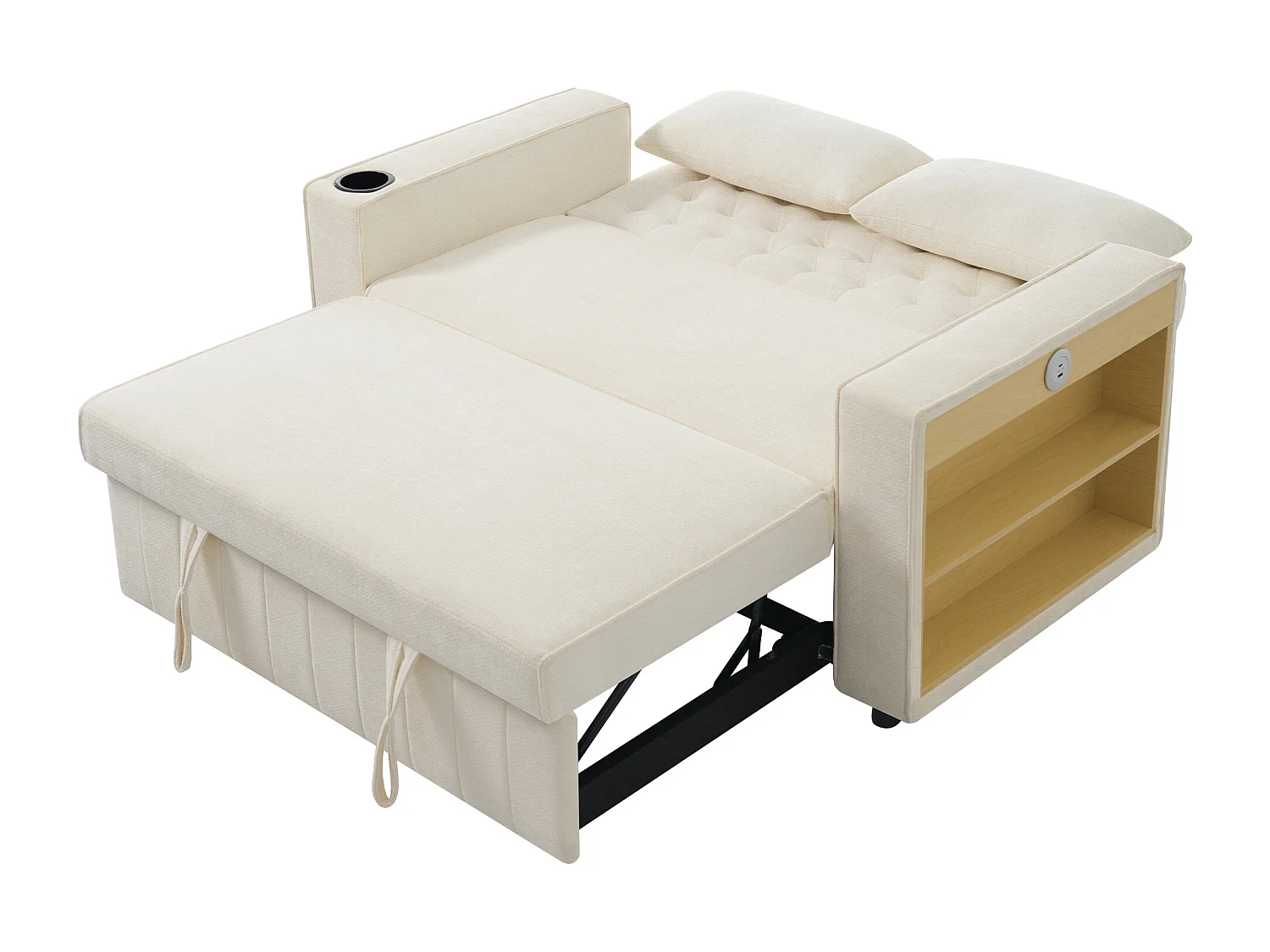 Canapé convertible 2 places avec ports USB, porte-gobelet et rangements - Chenille beige