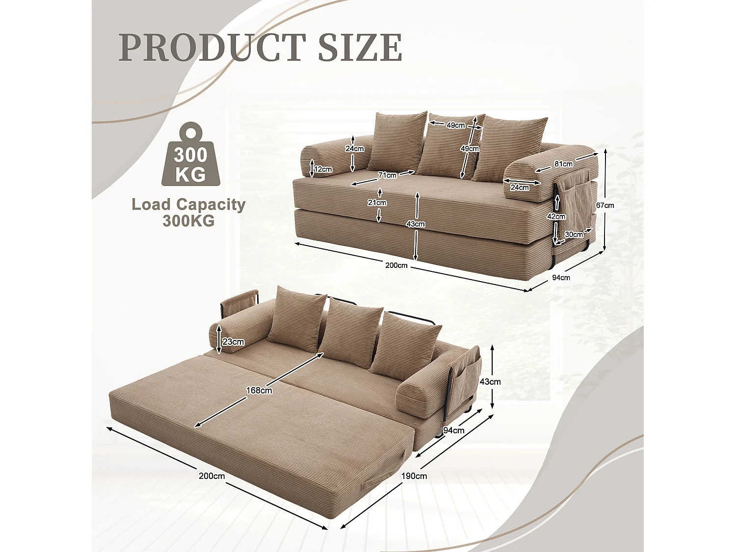 Canapé convertible 3 places modulable avec 3 coussins et poche latérale - Velours côtelé Kaki