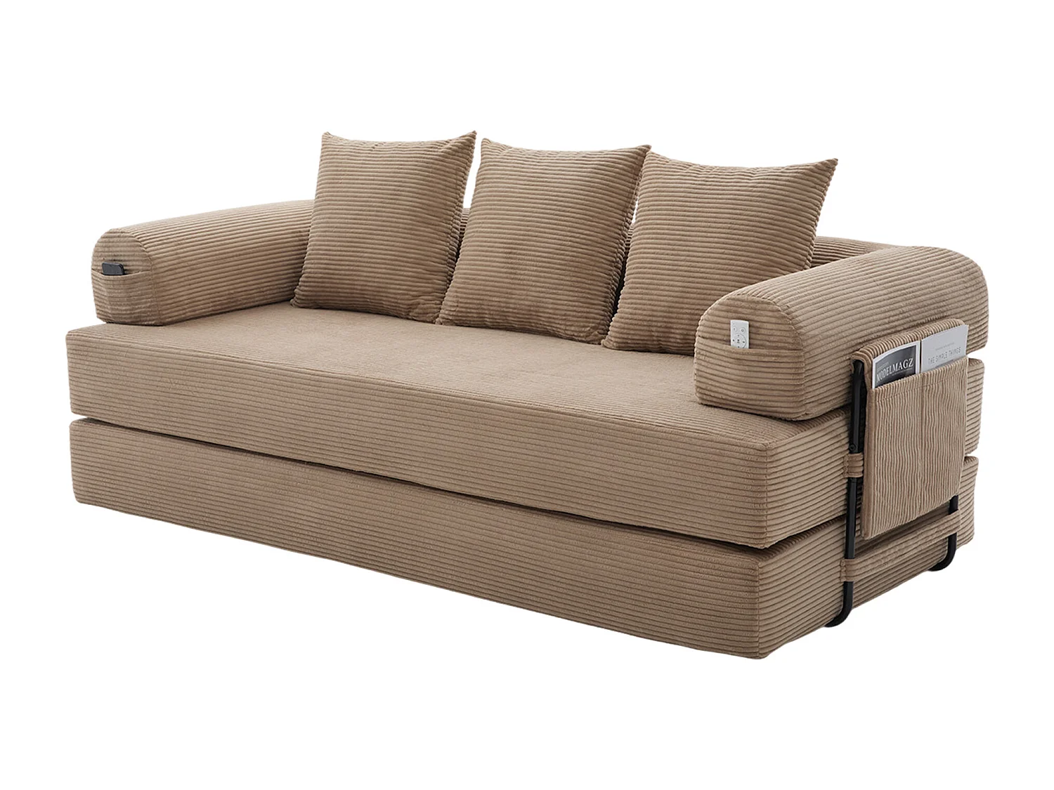 Canapé convertible 3 places modulable avec 3 coussins et poche latérale - Velours côtelé Kaki