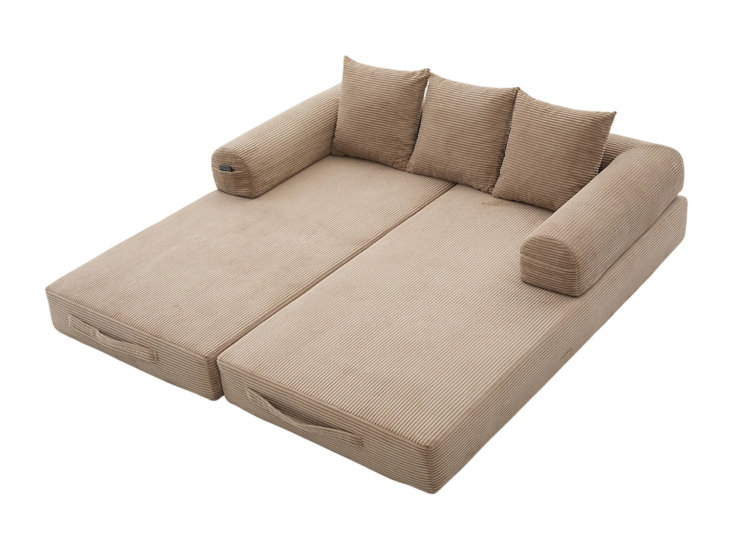 Canapé convertible 3 places modulable avec 3 coussins et poche latérale - Velours côtelé Kaki