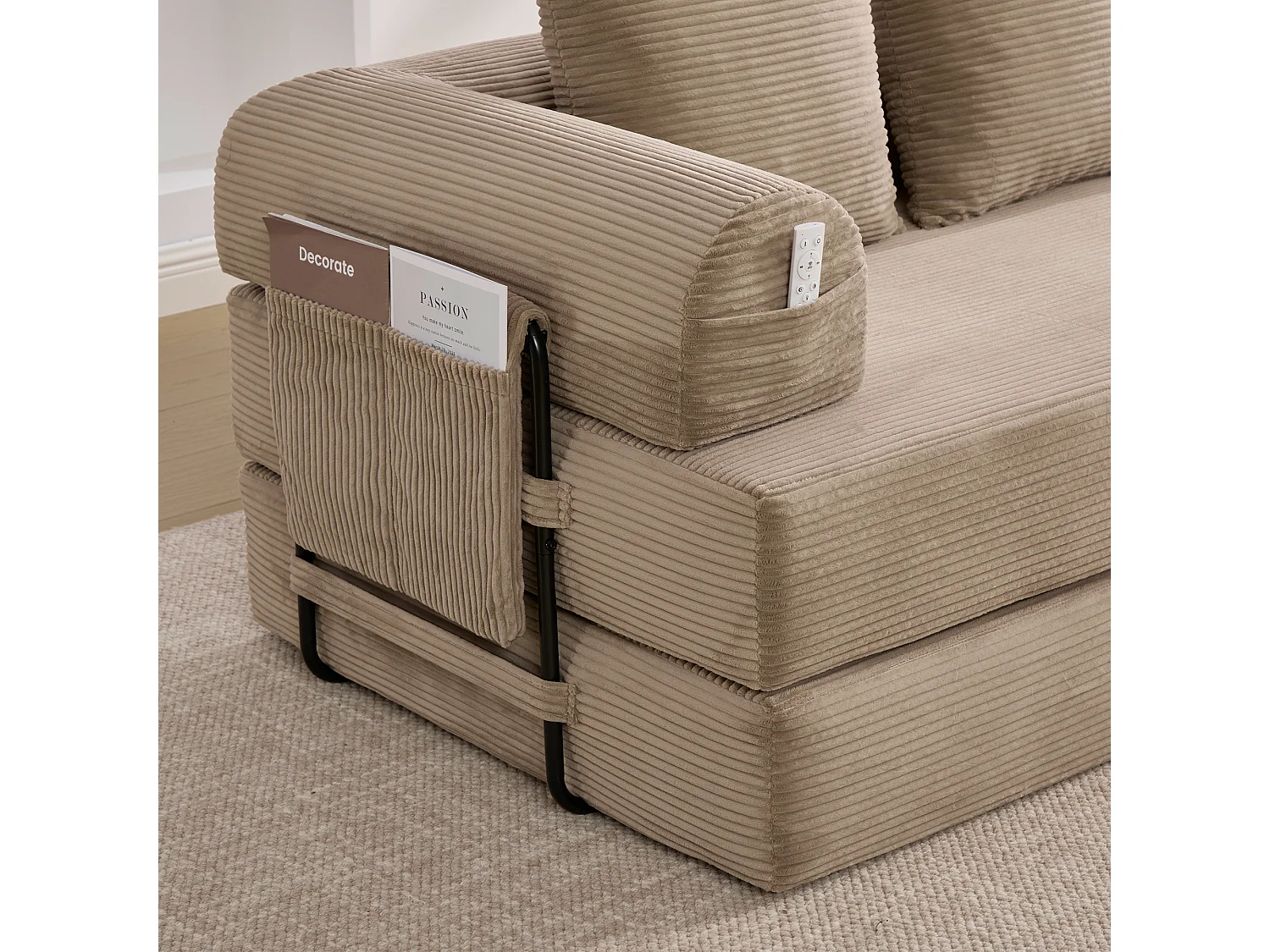 Canapé convertible 3 places modulable avec 3 coussins et poche latérale - Velours côtelé Kaki