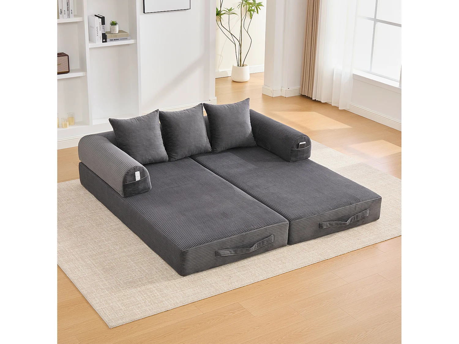 Modulaire 3-zits slaapbank met 3 kussens en zijvak - Donkergrijs corduroy