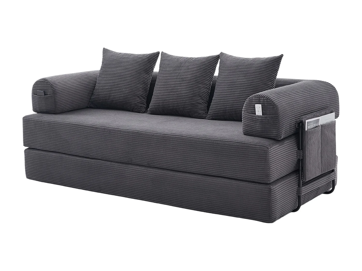 Modulaire 3-zits slaapbank met 3 kussens en zijvak - Donkergrijs corduroy