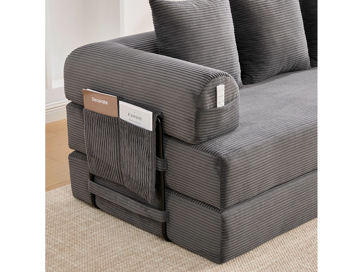 Modulaire 3-zits slaapbank met 3 kussens en zijvak - Donkergrijs corduroy