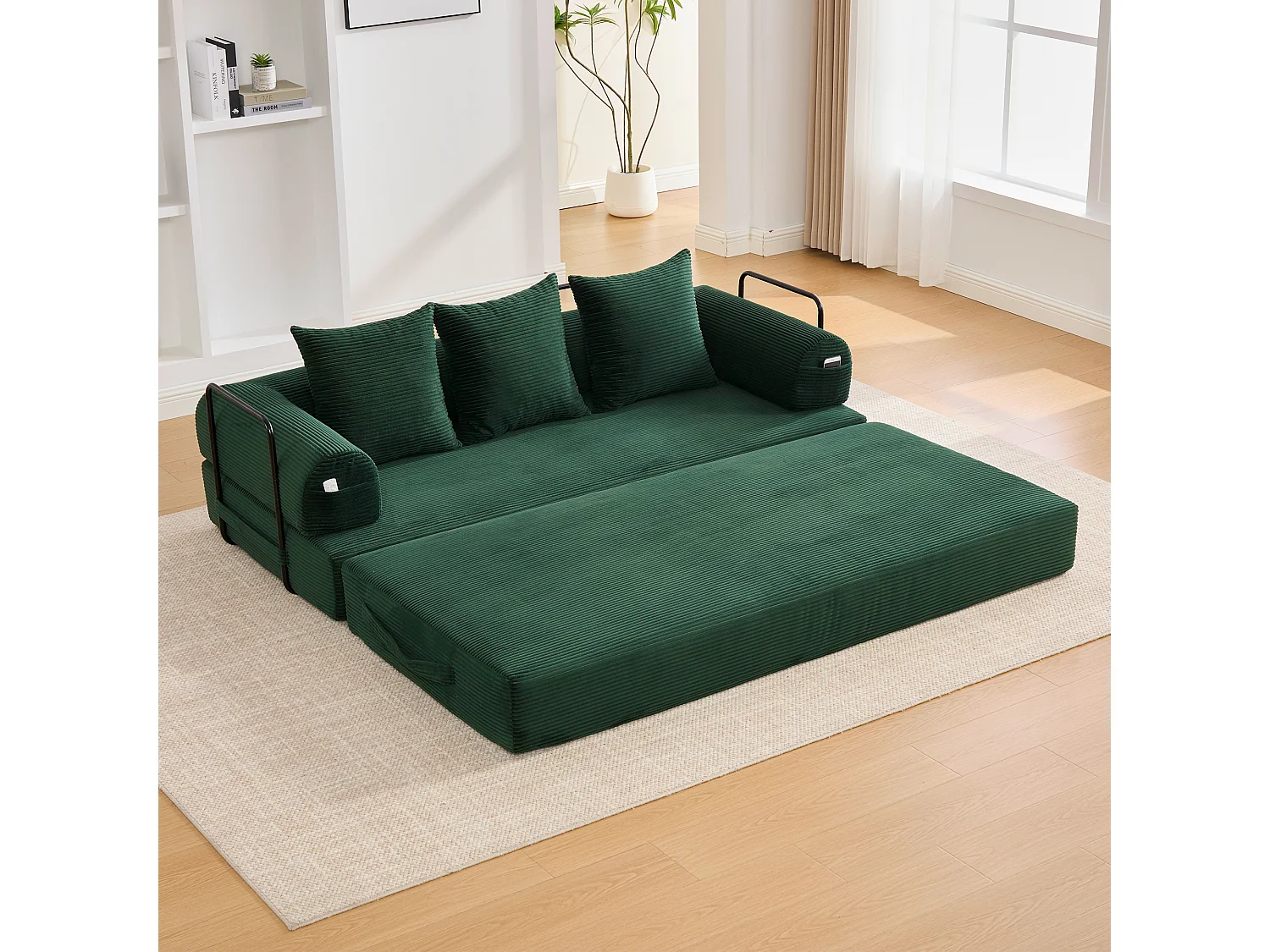 Canapé convertible 3 places modulable avec 3 coussins et poche latérale - Velours côtelé vert émeraude