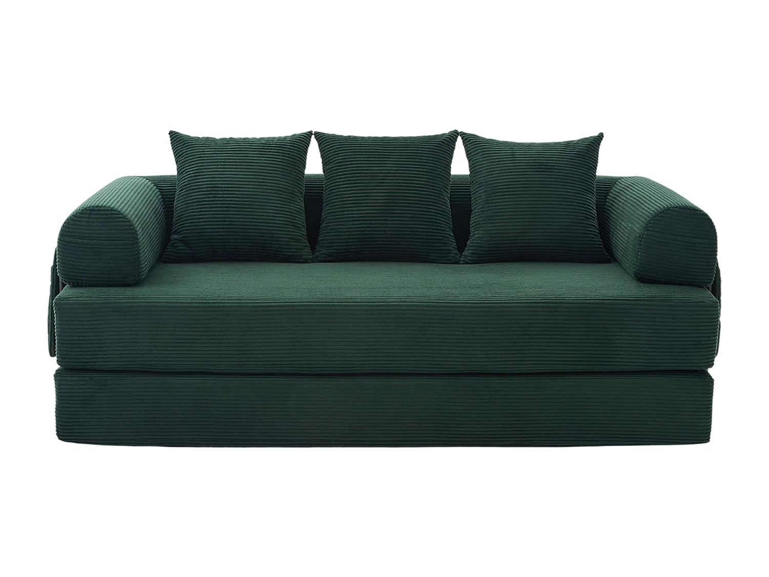 Canapé convertible 3 places modulable avec 3 coussins et poche latérale - Velours côtelé vert émeraude