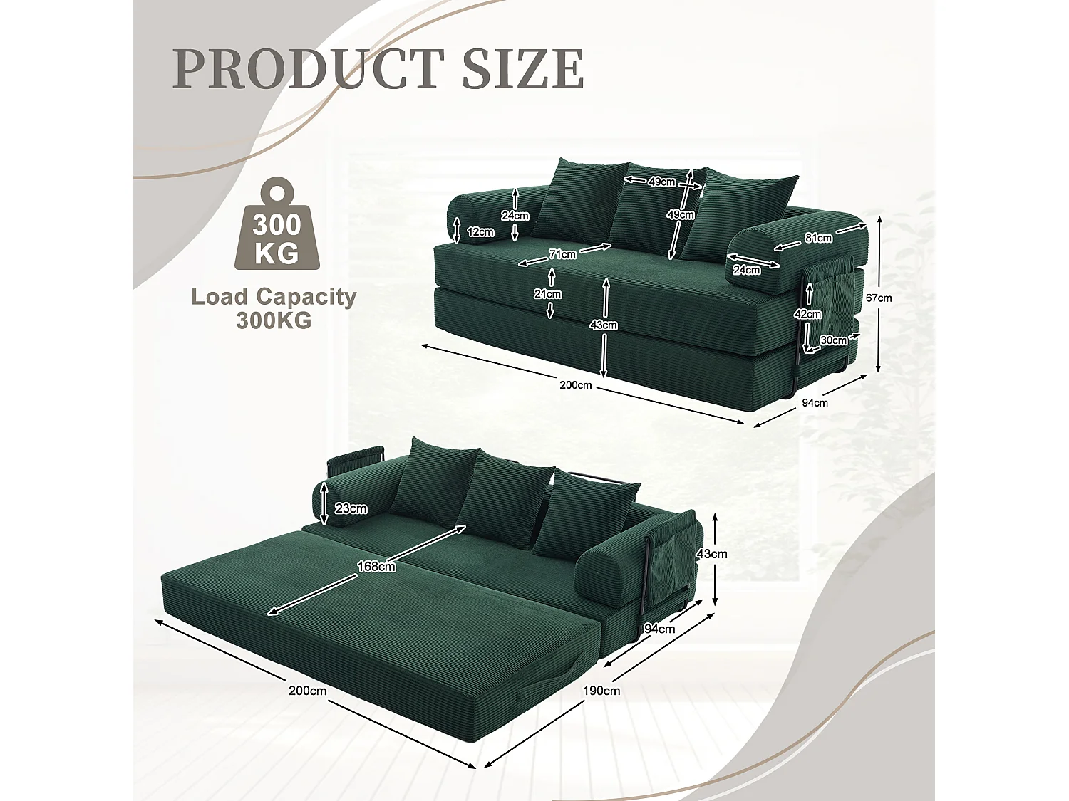 Canapé convertible 3 places modulable avec 3 coussins et poche latérale - Velours côtelé vert émeraude