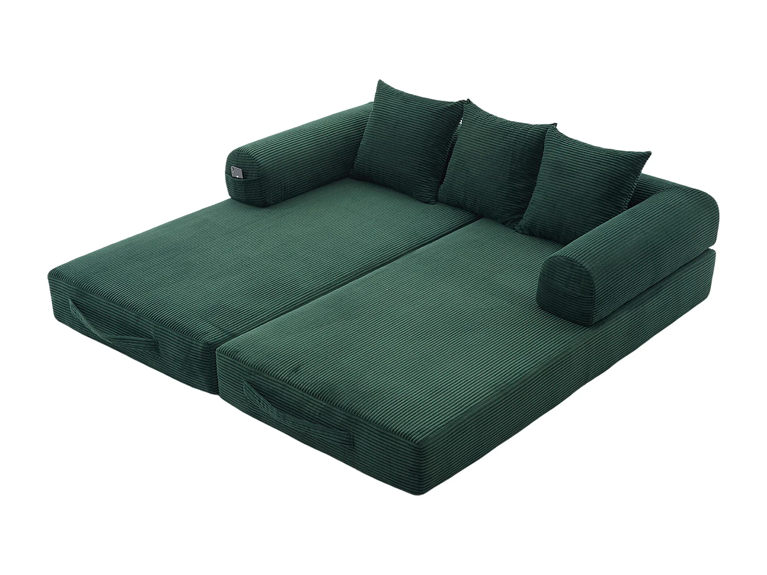 Canapé convertible 3 places modulable avec 3 coussins et poche latérale - Velours côtelé vert émeraude