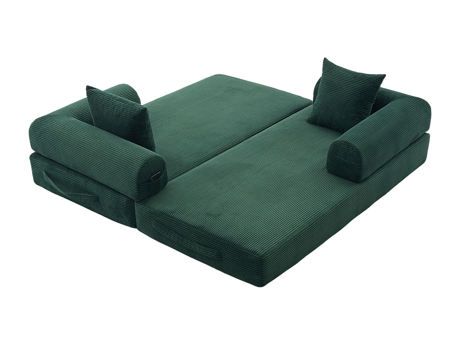 Canapé convertible 3 places modulable avec 3 coussins et poche latérale - Velours côtelé vert émeraude