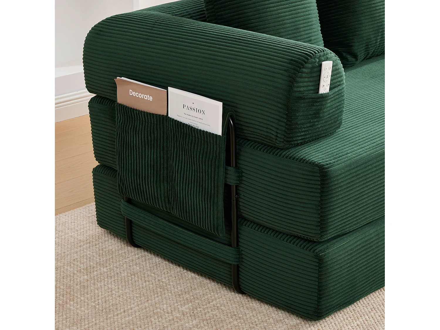 Canapé convertible 3 places modulable avec 3 coussins et poche latérale - Velours côtelé vert émeraude