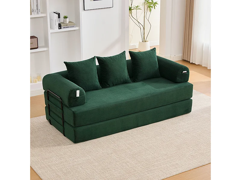 Canapé convertible 3 places modulable avec 3 coussins et poche latérale - Velours côtelé vert émeraude