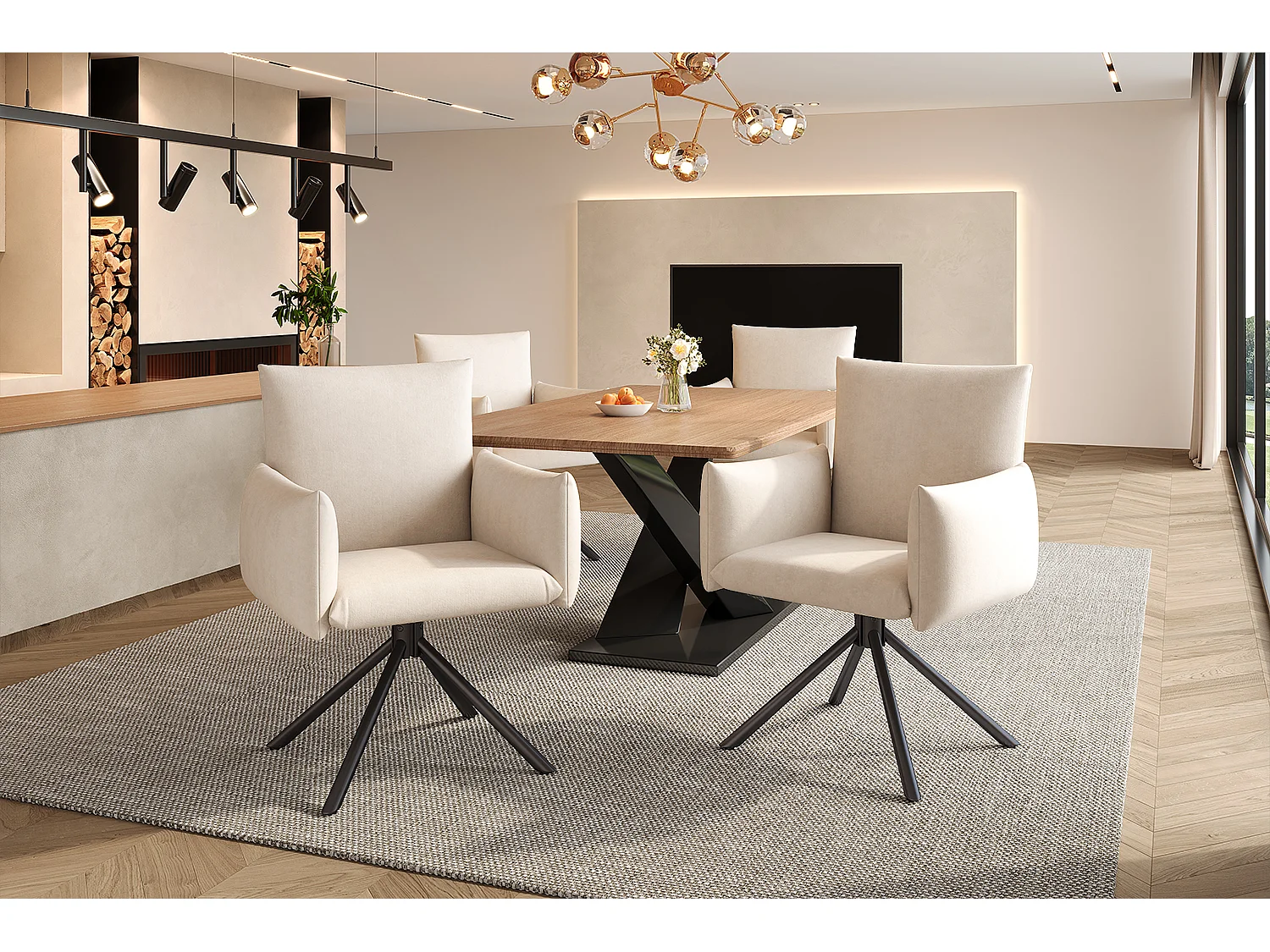 Set van 4 draaibare stoelen in beige fluweel - Metalen poten - Voor woonkamer, slaapkamer, kantoor