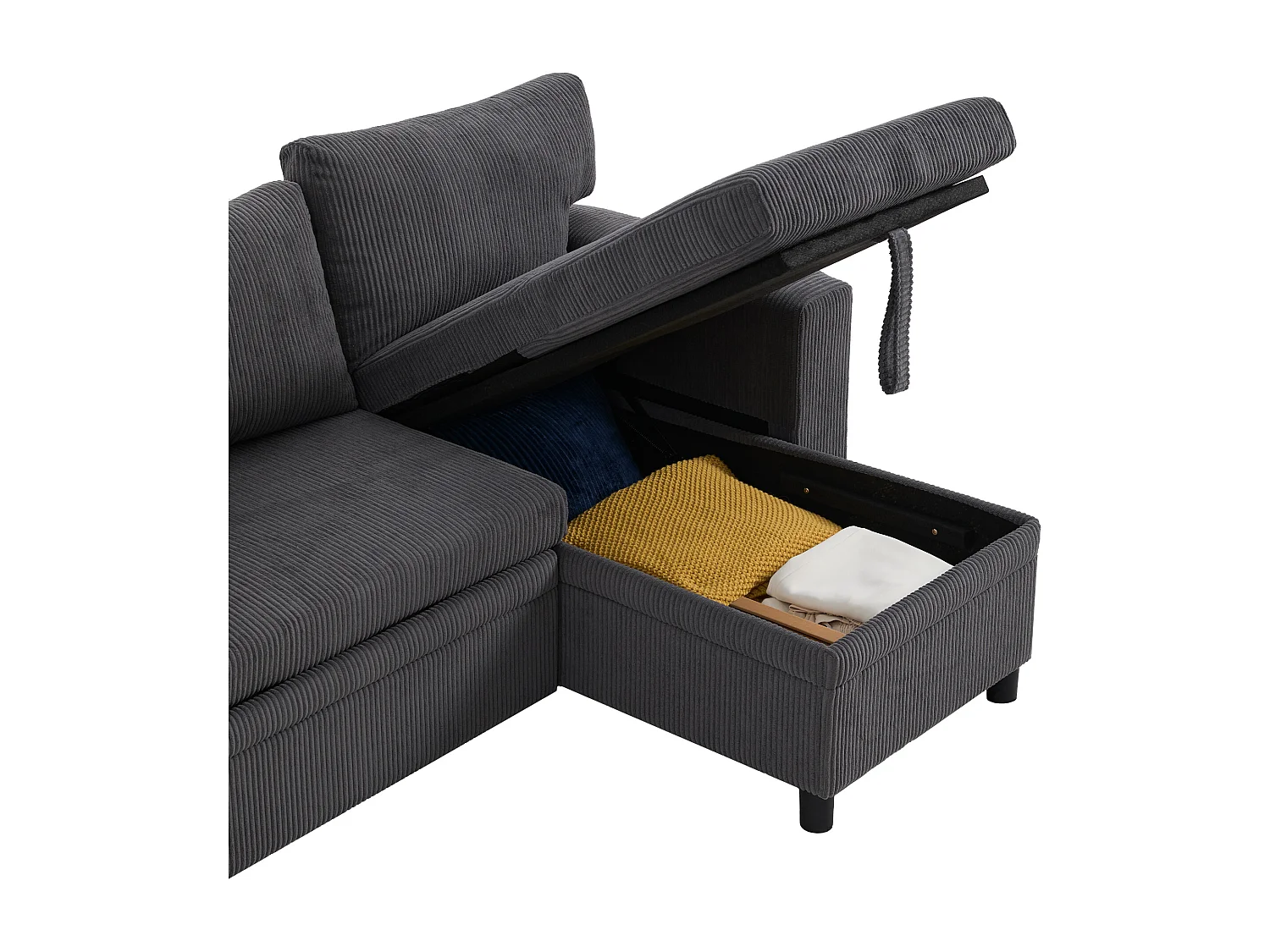 3-zits slaapbank met opbergruimte en krukjes, USB-poorten - Grijs corduroy