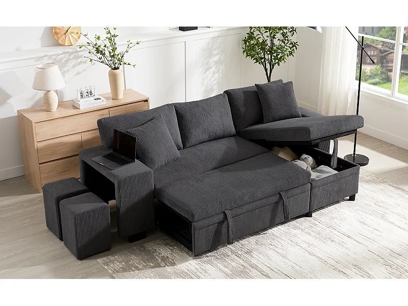 3-zits slaapbank met opbergruimte en krukjes, USB-poorten - Grijs corduroy