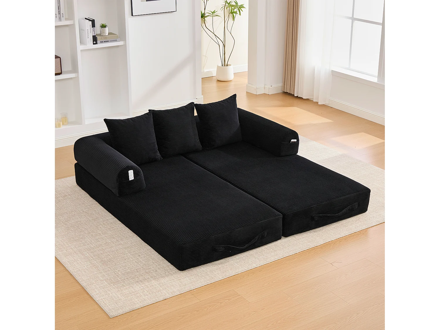 Canapé convertible 3 places modulable avec 3 coussins et poche latérale - Velours côtelé noir