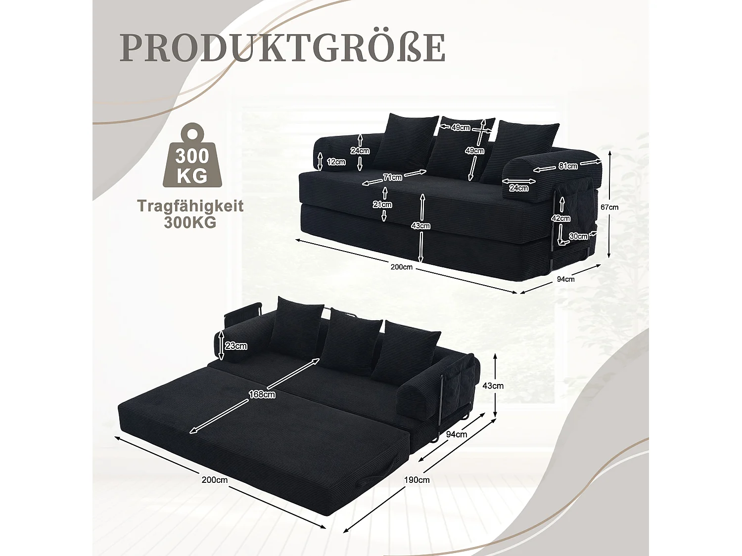 Canapé convertible 3 places modulable avec 3 coussins et poche latérale - Velours côtelé noir