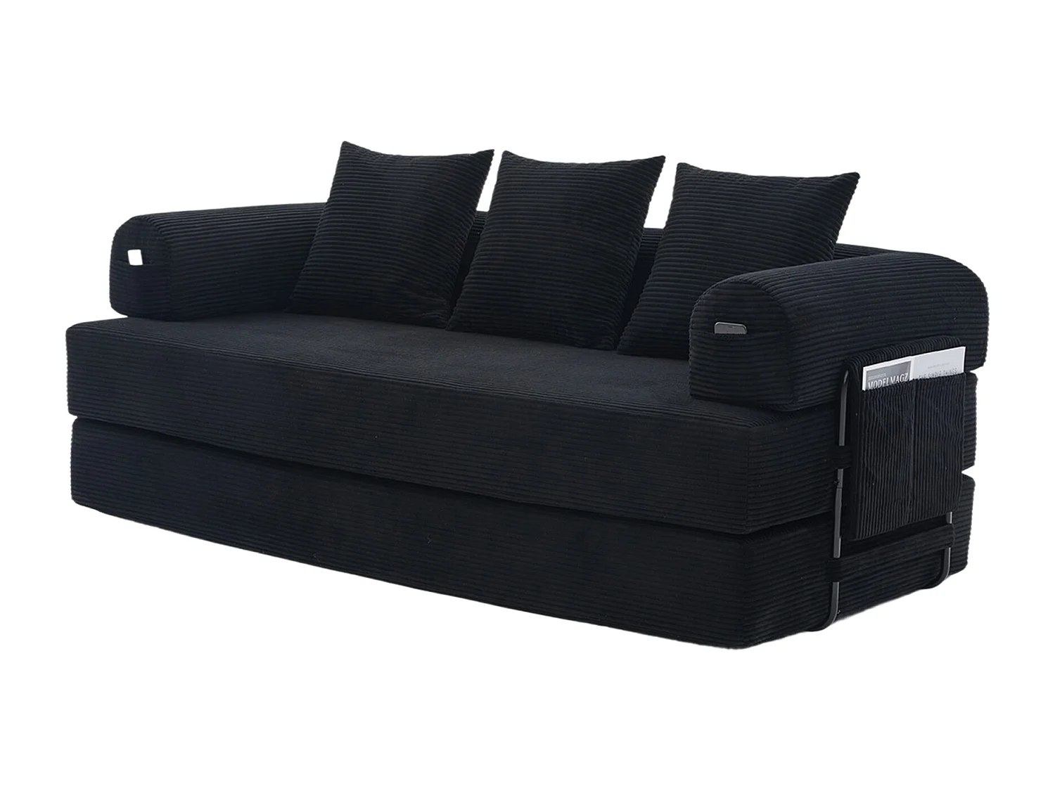 Canapé convertible 3 places modulable avec 3 coussins et poche latérale - Velours côtelé noir