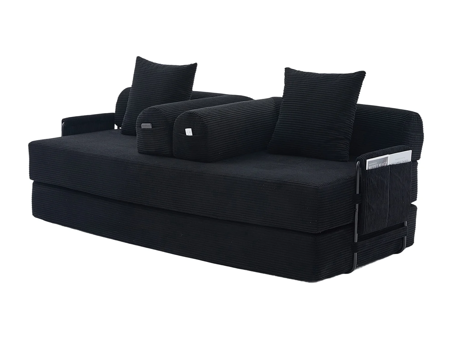 Canapé convertible 3 places modulable avec 3 coussins et poche latérale - Velours côtelé noir