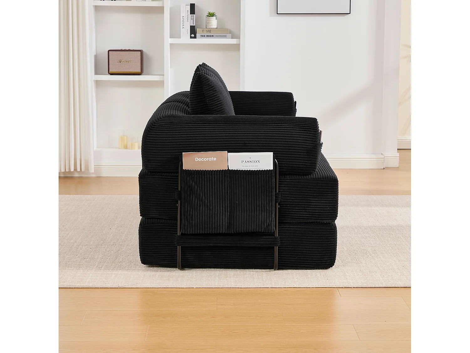 Canapé convertible 3 places modulable avec 3 coussins et poche latérale - Velours côtelé noir