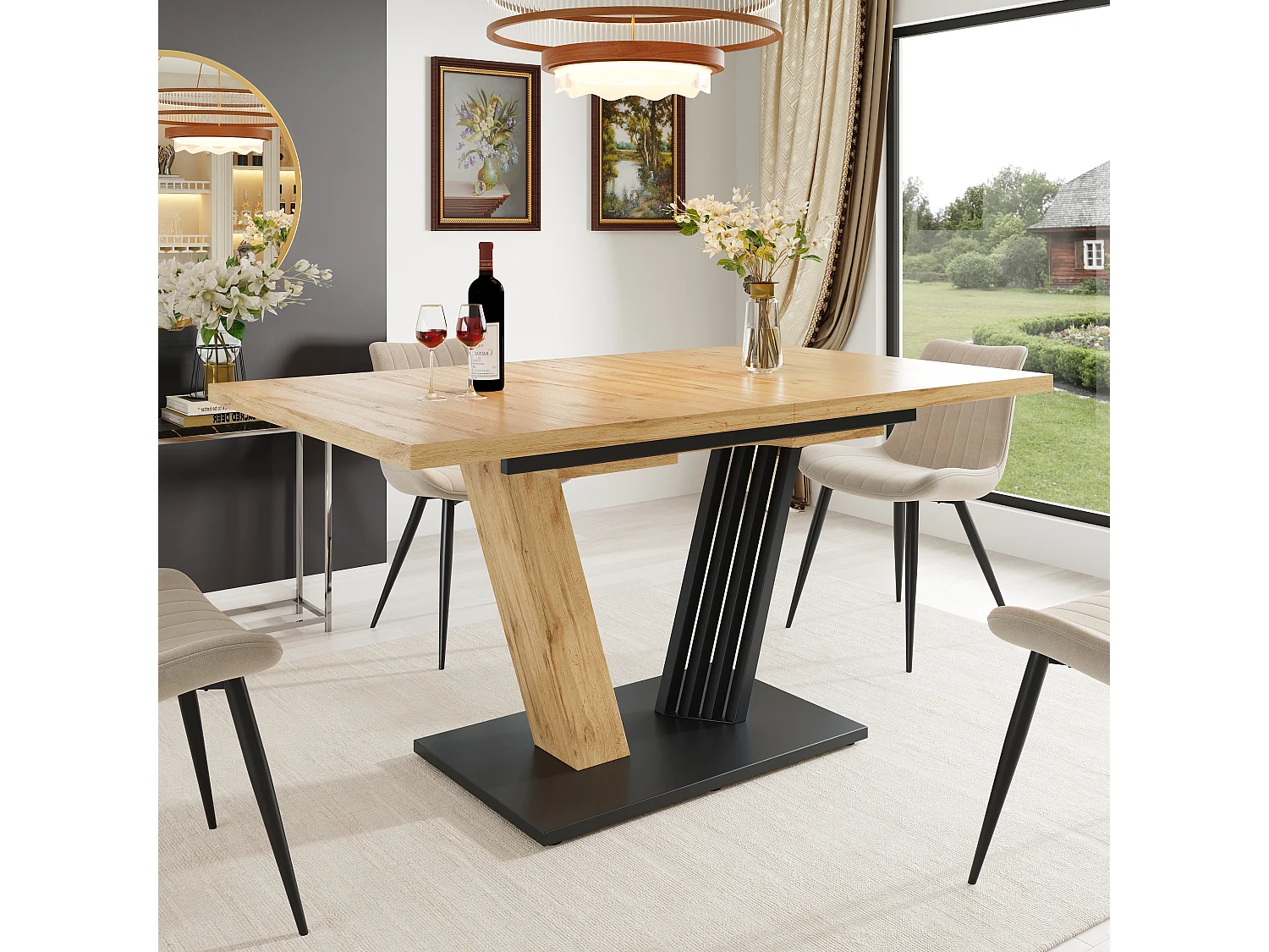 Uitschuifbare tafel met blad in houtnerfstructuur, 120-160x80x76 cm - MDF-hout - Licht naturel en zwart