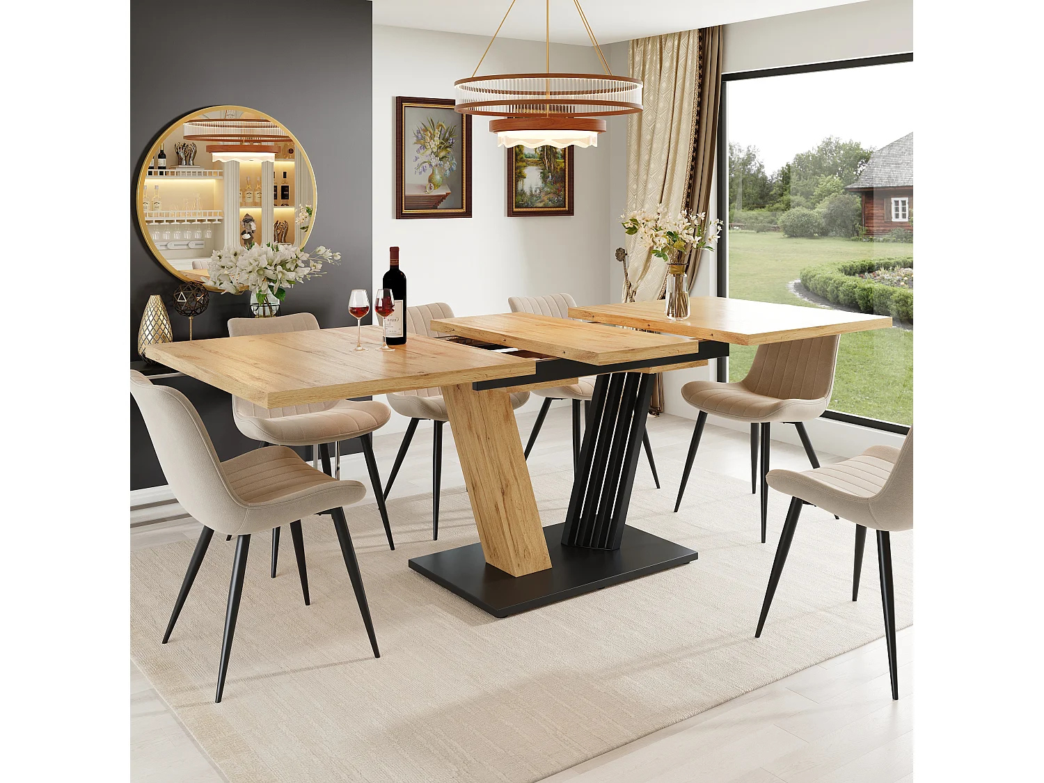 Uitschuifbare tafel met blad in houtnerfstructuur, 120-160x80x76 cm - MDF-hout - Licht naturel en zwart