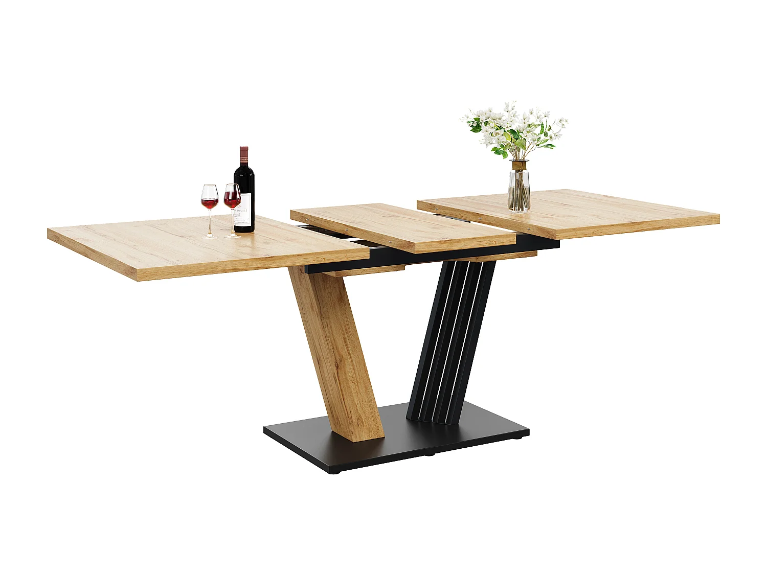 Uitschuifbare tafel met blad in houtnerfstructuur, 120-160x80x76 cm - MDF-hout - Licht naturel en zwart
