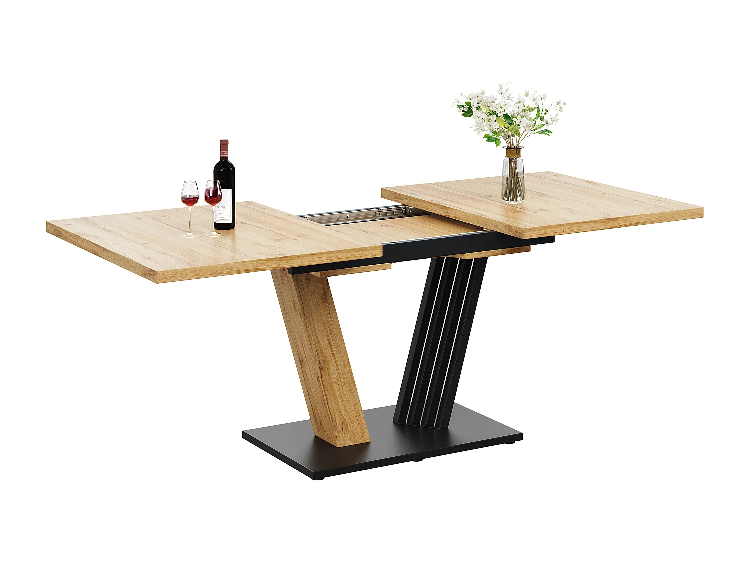 Uitschuifbare tafel met blad in houtnerfstructuur, 120-160x80x76 cm - MDF-hout - Licht naturel en zwart