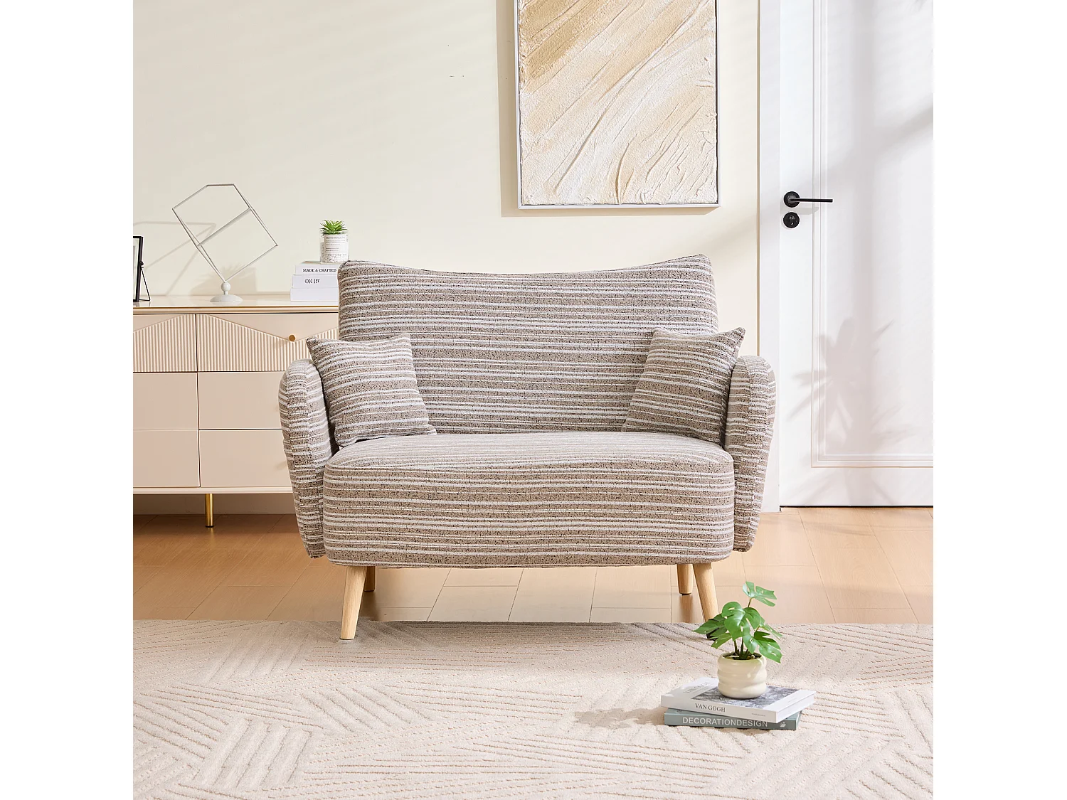 Sofá de dos plazas en tejido bouclé caqui - Con bolsillos laterales y dos cojines