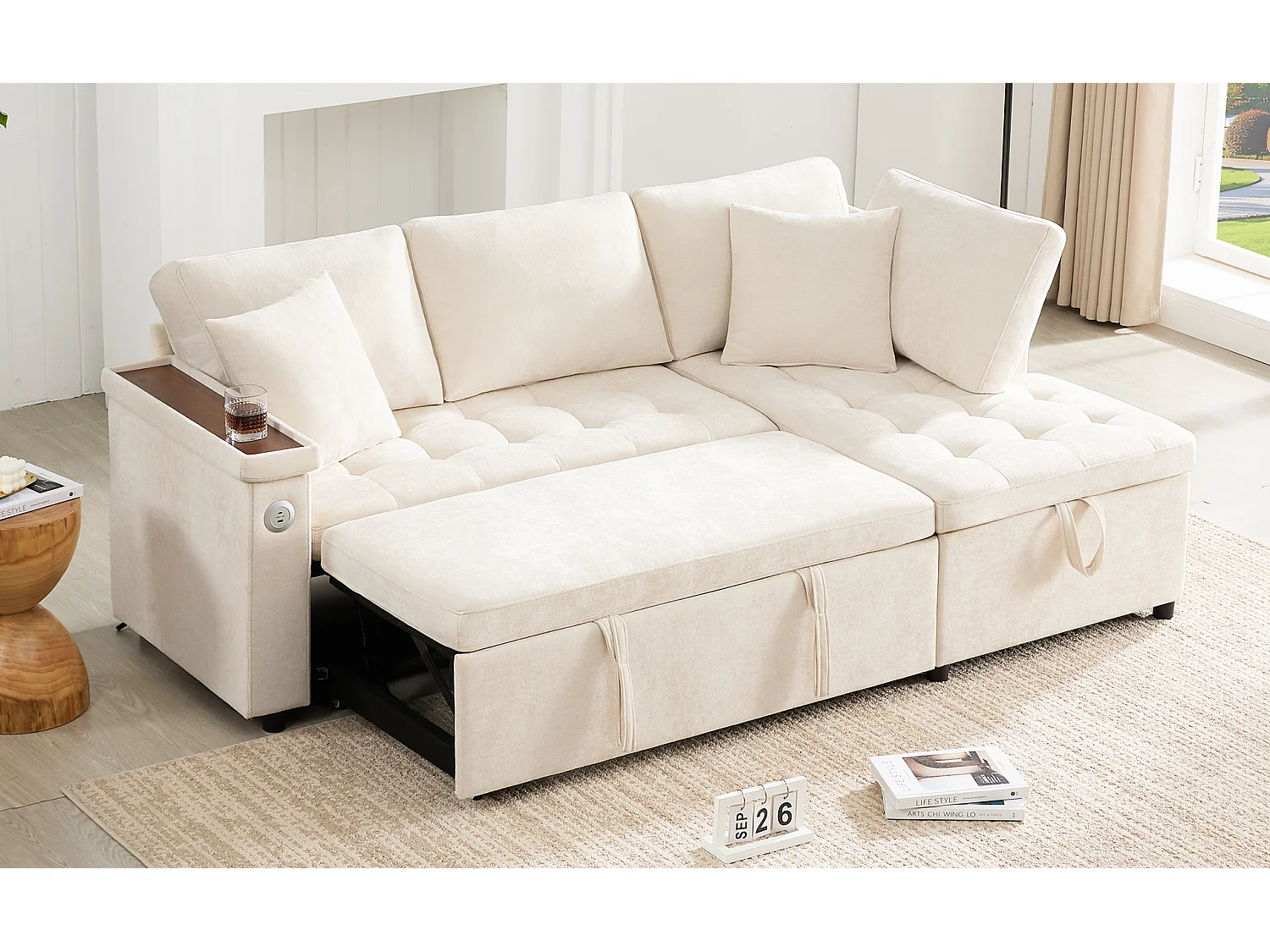 Canapé convertible 3 places avec rangements, USB et 2 coussins - Tissu chenille beige