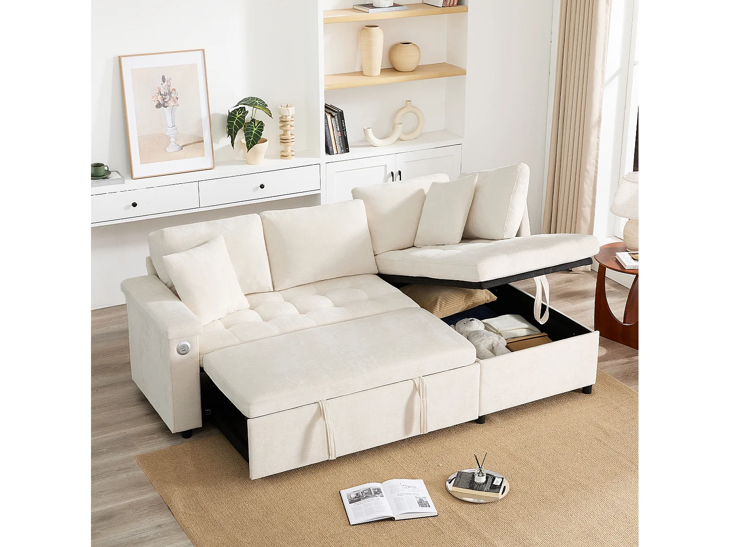 Canapé convertible 3 places avec rangements, USB et 2 coussins - Tissu chenille beige