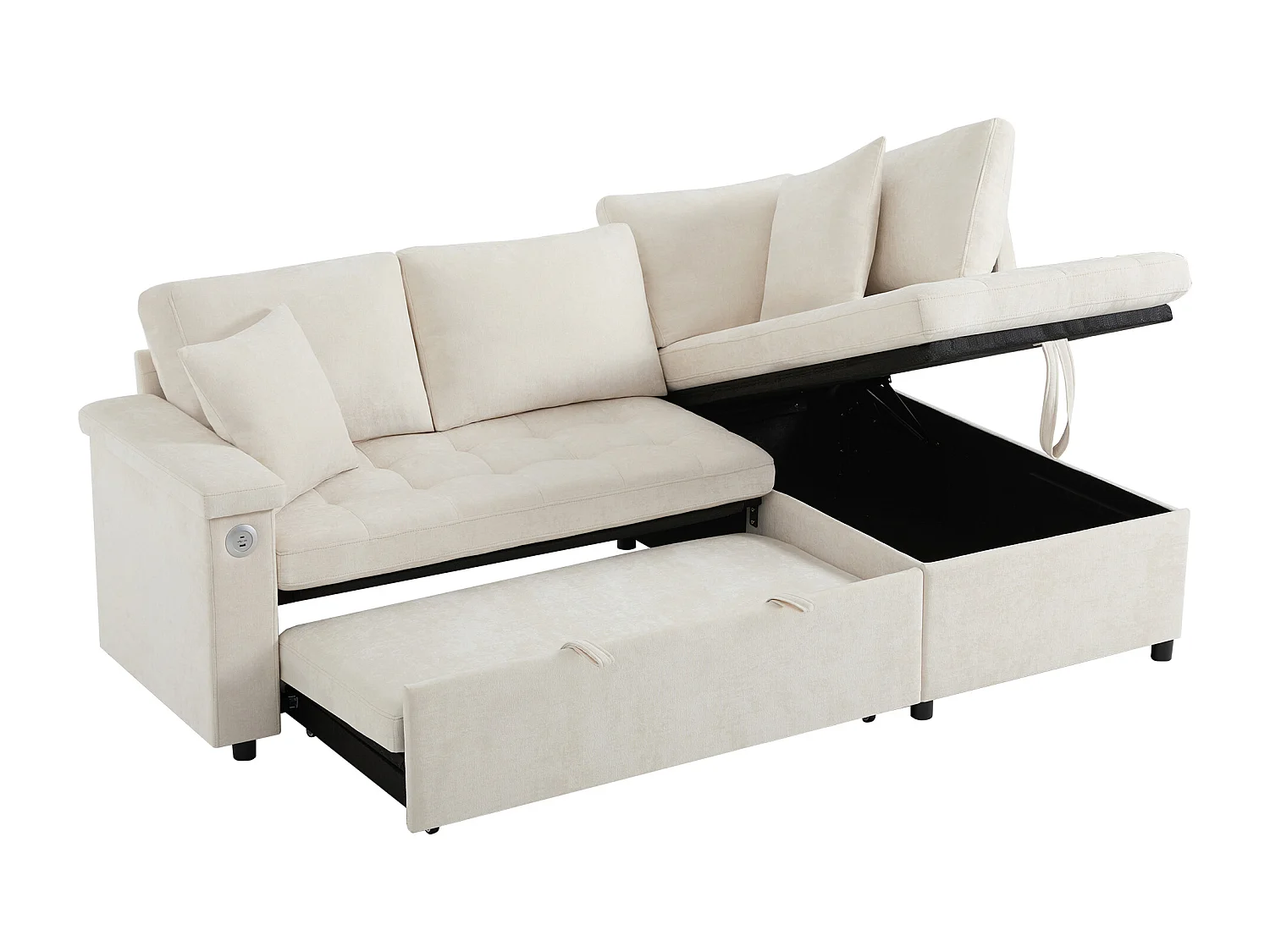 Canapé convertible 3 places avec rangements, USB et 2 coussins - Tissu chenille beige